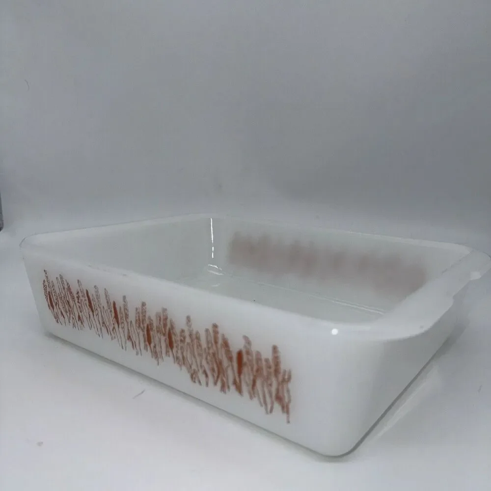 VTG White Ceramic Baking‎ Dish with Copper Wheat Pattern Farmhouse Kitchen Decor